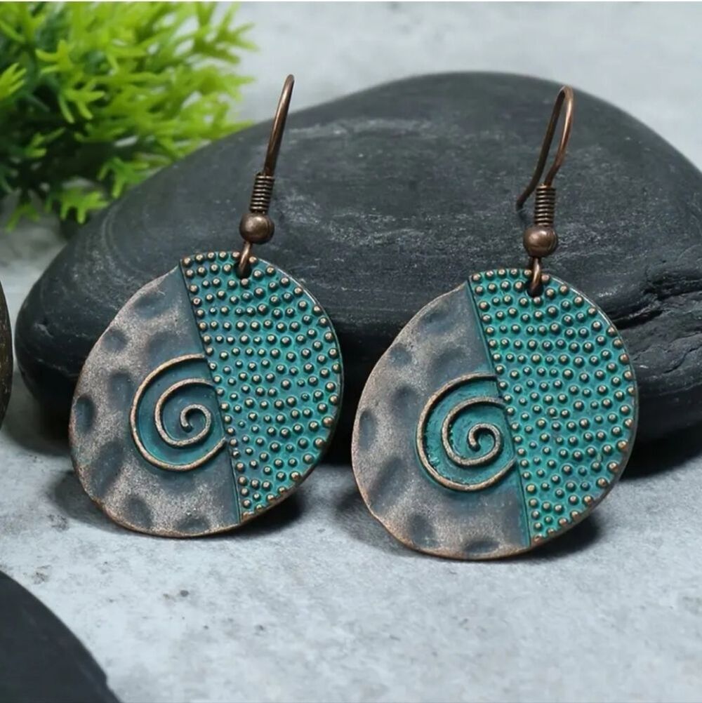 Bronze turquoise tribal engraved circle earrings